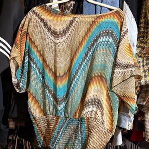 Body Central Zigzag Patterned Blouse - Blue, Brown, Tan